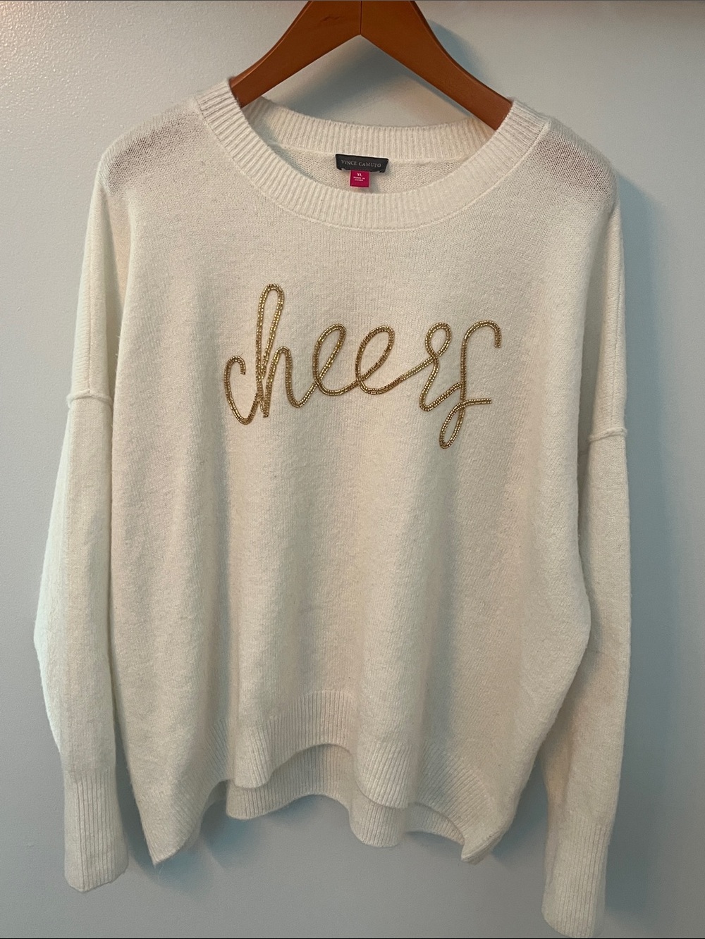 Vince Camuto Cream Crewneck Sweater with Gold 'cheers' Script
